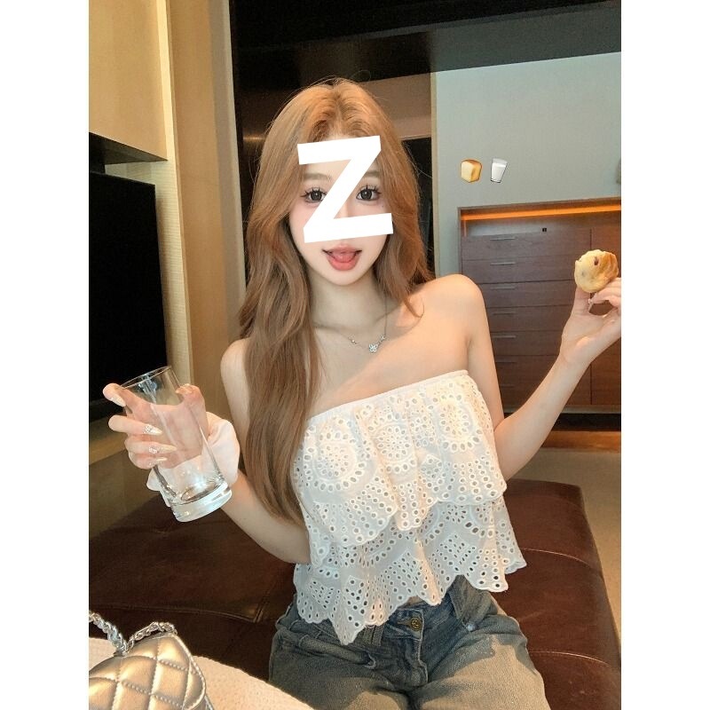 Beautiful and Stylish Blouse for Women, Summer Pure and Sexy Tube Top, Vacation Style Embroidered Hollow-Out Wrap-Around Outerwear Top