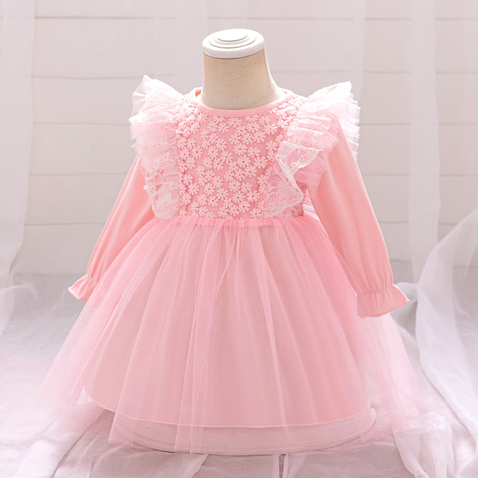 Europa y América de moda nuevo vestido de bebé de manga larga tela de malla empalmado vestido de niña de luna llena vestido de princesa rosa