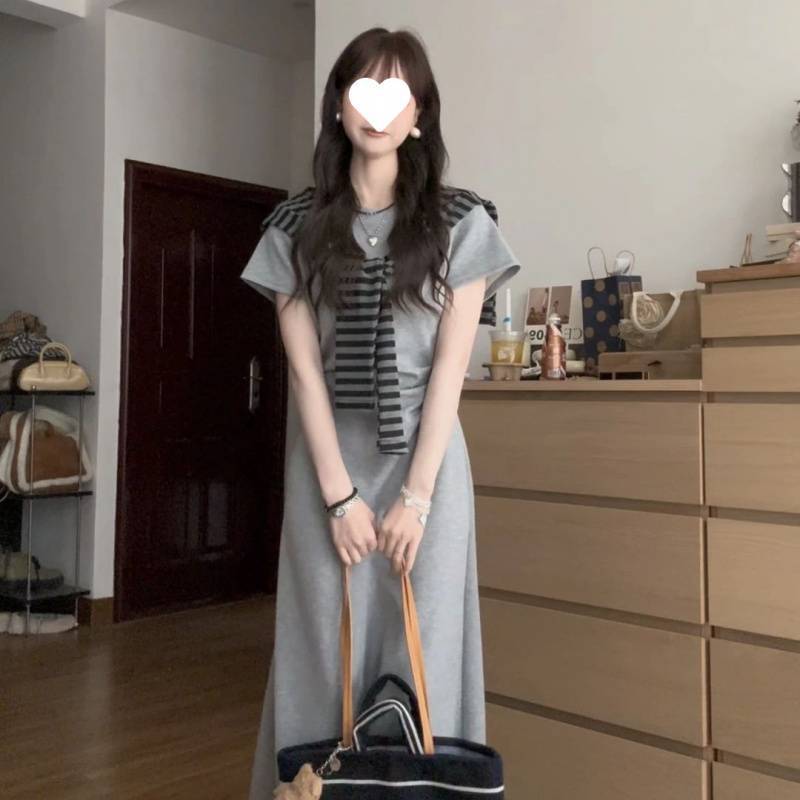 Original Street Style Normcore Summer Short-Sleeved Round Neck Shawl Dress Fashionable Slim Retro Korean Style Long Skirt for Women