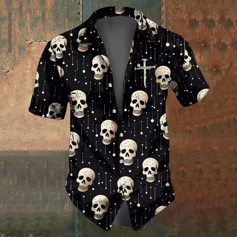 Personalidad Thriller Mist Skull 3D Impresión digital Camisa suelta de manga corta con solapa de botón de la calle de verano para hombres