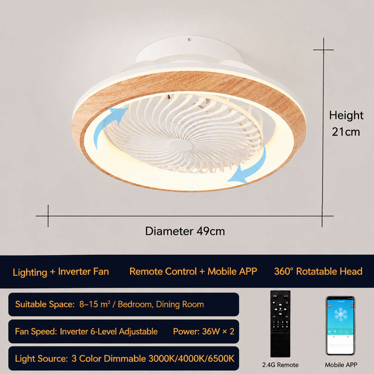 Lámpara Ventilador de Techo 110V de PC y ABS Inteligente con Control Remoto y APP para Dormitorio y Comedor