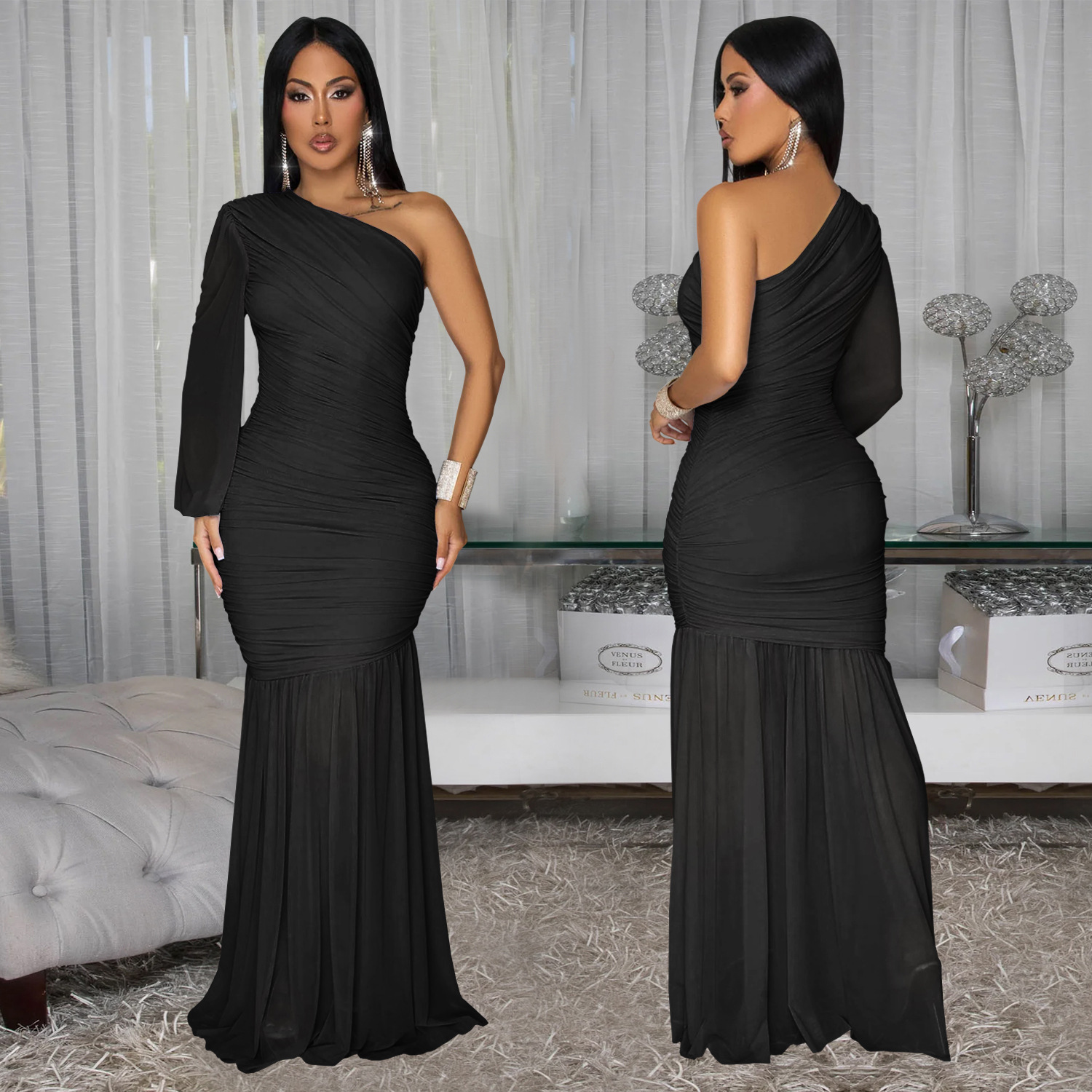 C7500 Aliexpress transfronterizo Amazon Europa y América moda de mujer sexy malla de hombro inclinado vestido de alta calidad nuevo