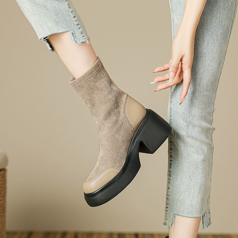 В наличии и быстрая доставка, замшевые сапоги на толстой подошве 7 см на высоком каблуке, женские тонкие сапоги 34 размера для девочек, легкие эластичные сапоги на резинке