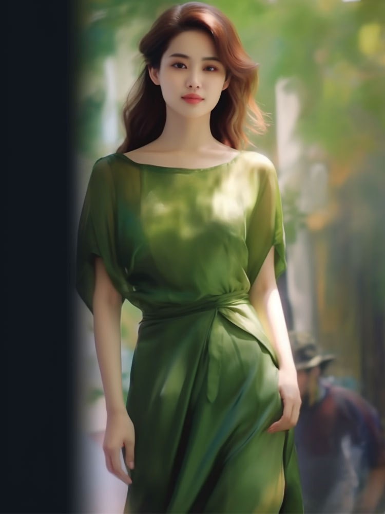 Đầm midi nữ phong cách Pháp eo thon dài qua gối — Váy liền màu xanh lá chi tiết 3