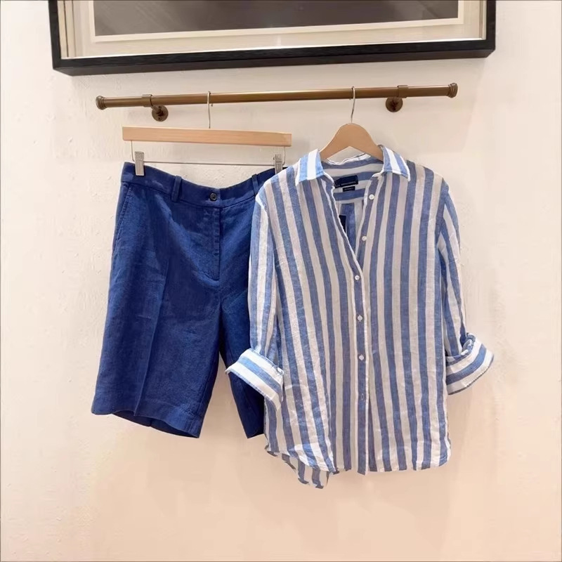 French-Style Design Blue and White Striped Ramie Sun Protection Shirt for Women, Loose and Elegant Blue Striped High-Thread-Count Linen Shirt French-Style Design Blue and White Striped Ramie Sun Protection Shirt for Women, Loose and Elegant Blue Striped High-Thread-Count Linen Shirt