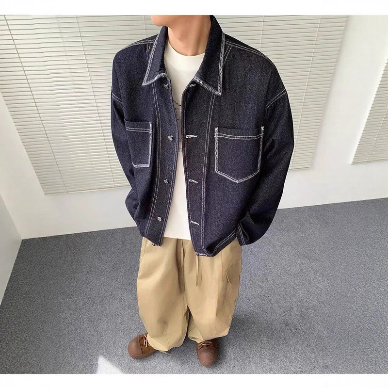 American Trendy Brand Top-Stitched Denim Jacket for Men in Spring & Fall New Loose and Versatile Retro High-End Casual Work Jacket