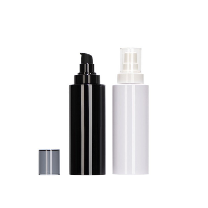 Botella cilíndrica transparente de 100 ml con dosificador, botella de plástico para loción, material de embalaje para cosméticos y cuidado de la piel, botella con atomizador de 200 ml, en stock.