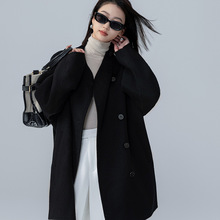 韩版立领骆驼绒双面呢子2024年秋冬新款双排扣纯色带兜中长款大衣