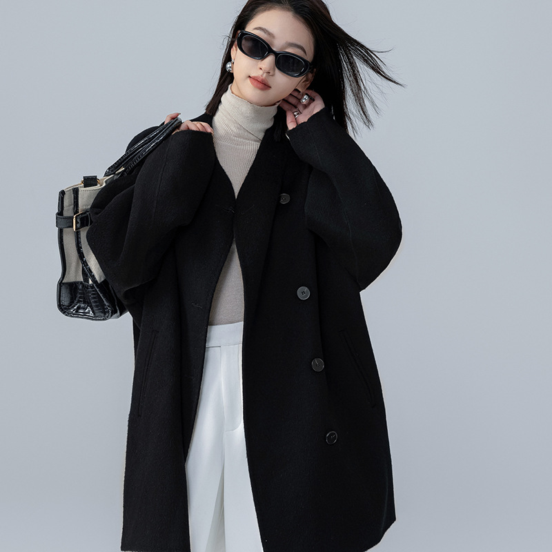 韩版立领骆驼绒双面呢子2024年秋冬新款双排扣纯色带兜中长款大衣