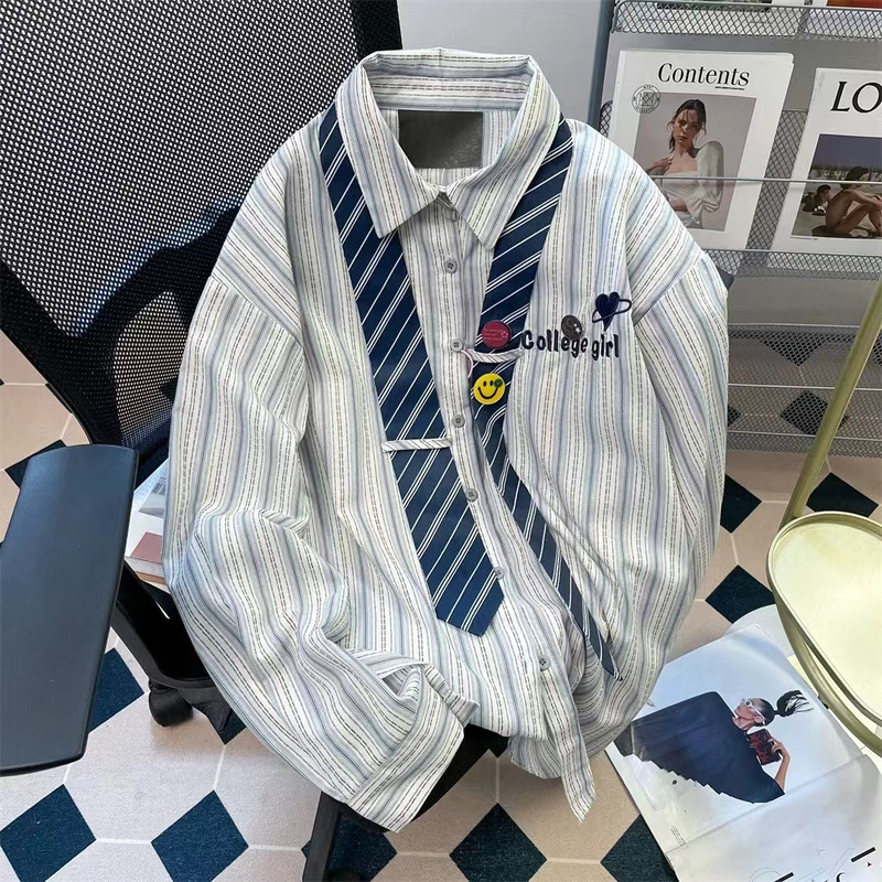 American Style Retro Hong Kong Style Tie Striped Shirt Women's Autumn Sweet Design Sense Niche Streak Long Sleeve Top Jacket