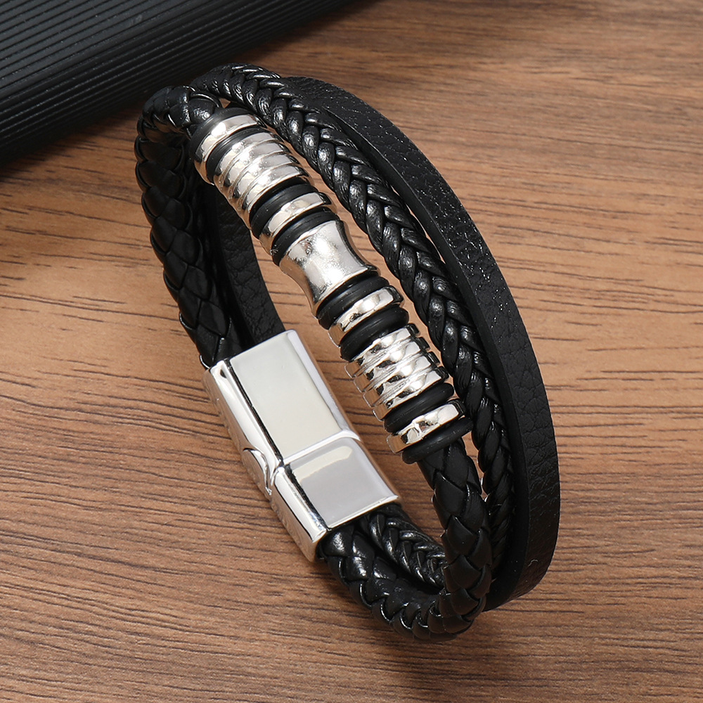 Leather Rope Chain Material Classic Style Geometric Pu Leather Alloy Braid Men's Bracelets Men Cord & Leather Bracelets
