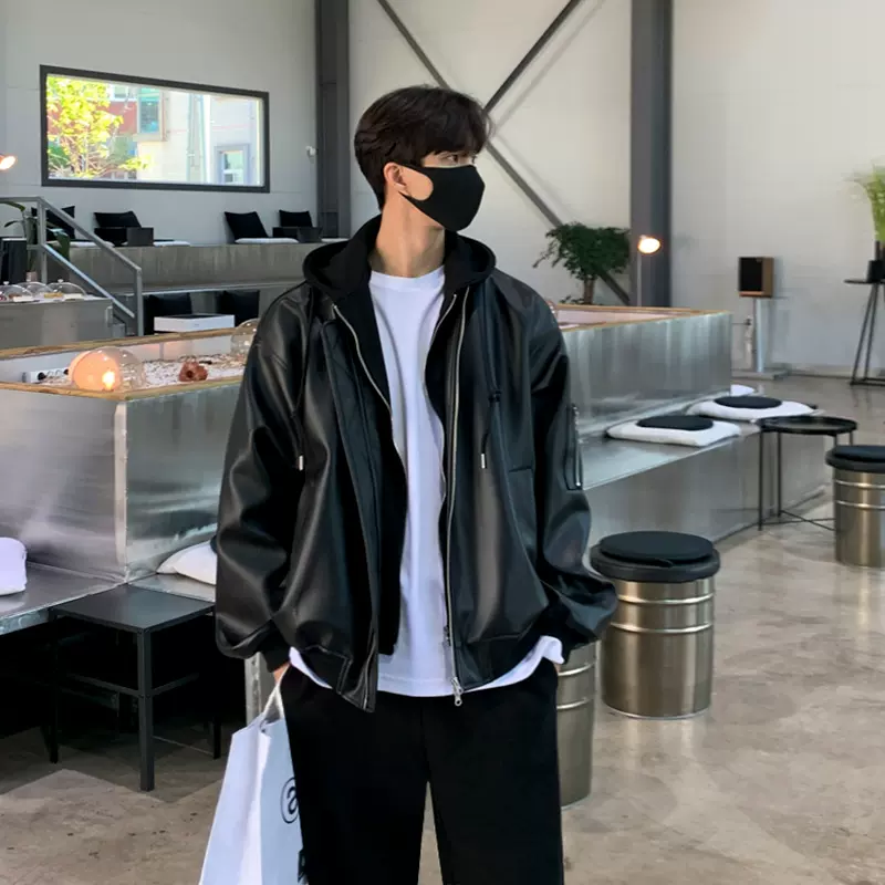MYQ皮衣男2022新款假两件拼接连帽外套韩版宽松潮牌工装皮夹克
