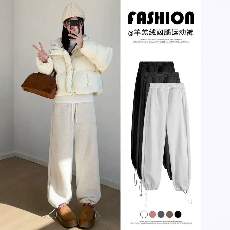 Women's fleece-lined gray pants, ankle-length, straight-leg, casual cotton pants for fall and winter, petite size, wide-leg, sherpa-lined, American-style athletic pants Women's fleece-lined gray pants, ankle-length, straight-leg, casual cotton pants for fall and winter, petite size, wide-leg, sherpa-lined, American-style athletic pants