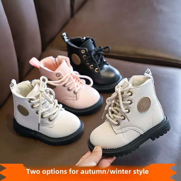 2025 Autumn and Winter Cotton Boots Soft Sole Leather Boots Children's Martin Boots Waterproof British Style Boys' Short Boots Girls' Boots Wholesale
