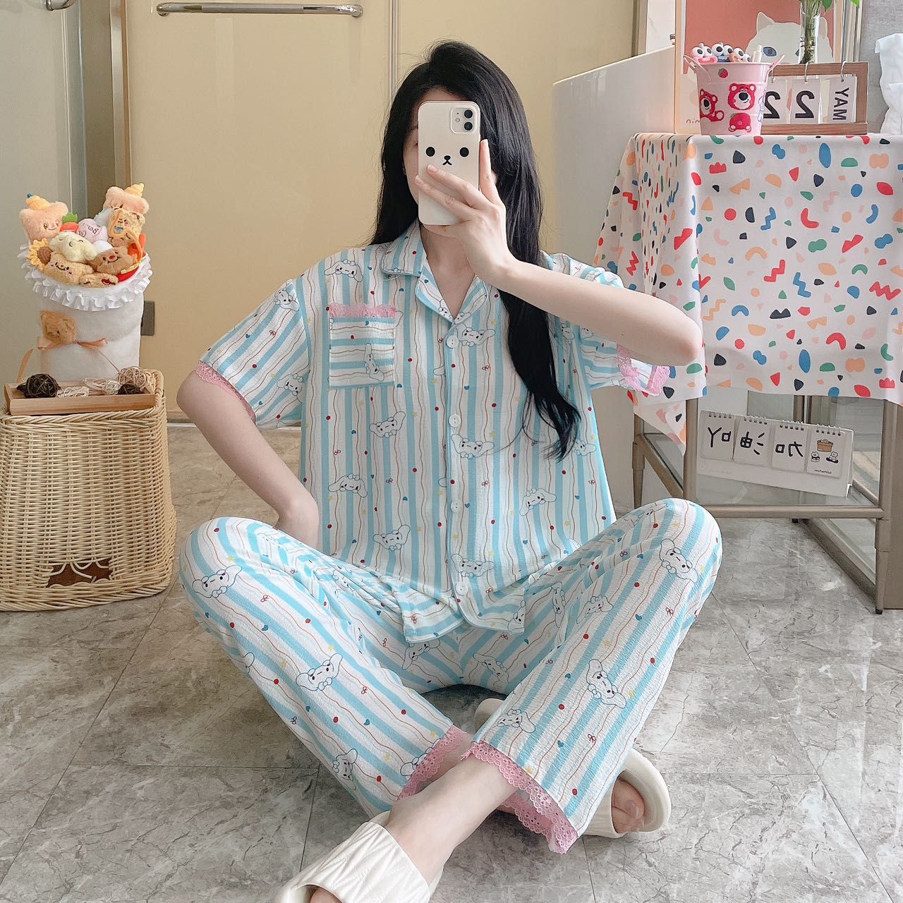 Pijamas al por mayor transfronterizos de primavera y verano espuma impresa cinta de encaje de manga corta pantalones largos de dibujos animados ropa de hogar