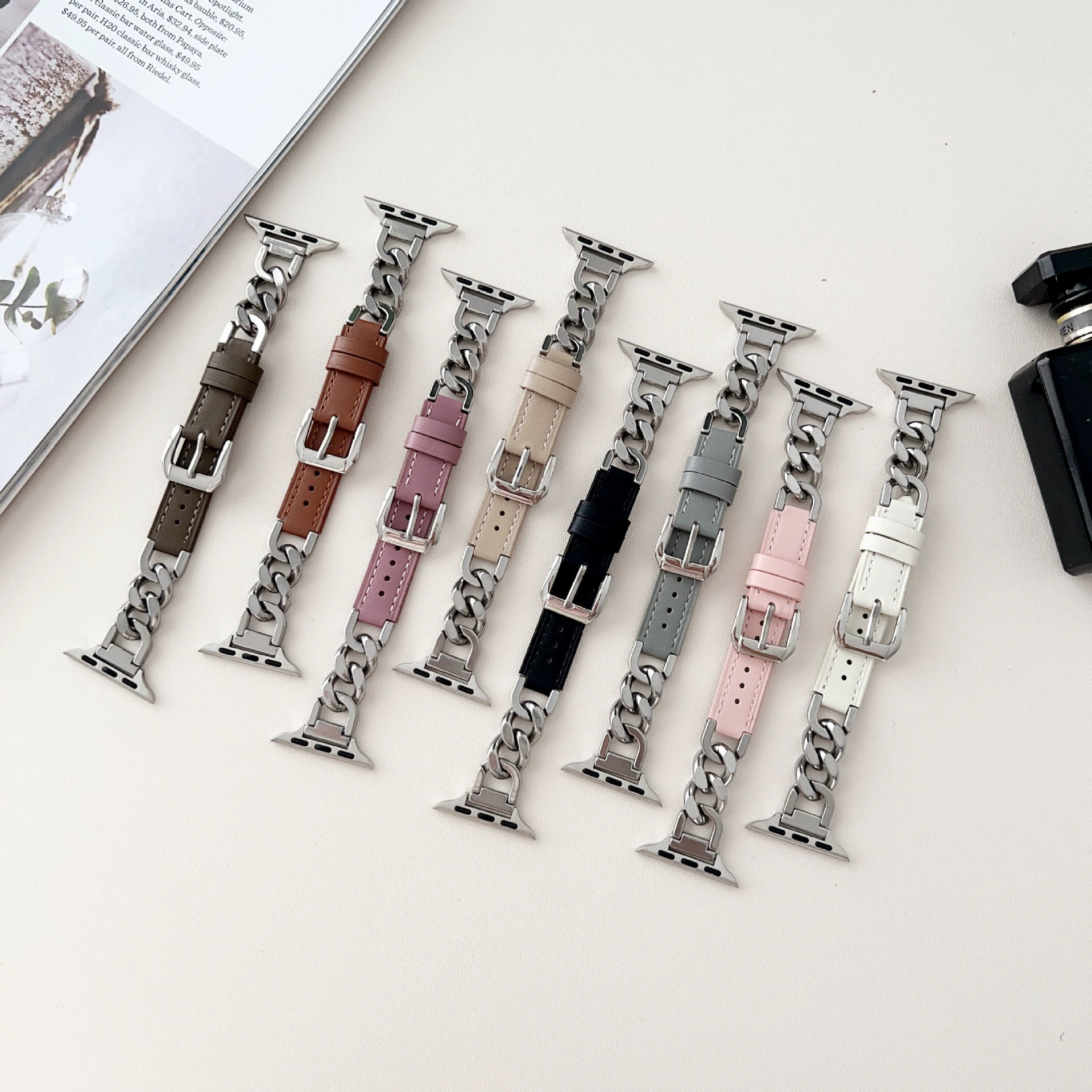 Подходит для Apple Watch 56789, кожаный ремешок с одинарной круглой цепочкой iWatch S10, металлический браслет-цепочка