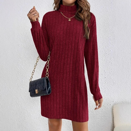 European and American women's mid-length skirt, fashionable brushed striped autumn high-neck long-sleeved dress