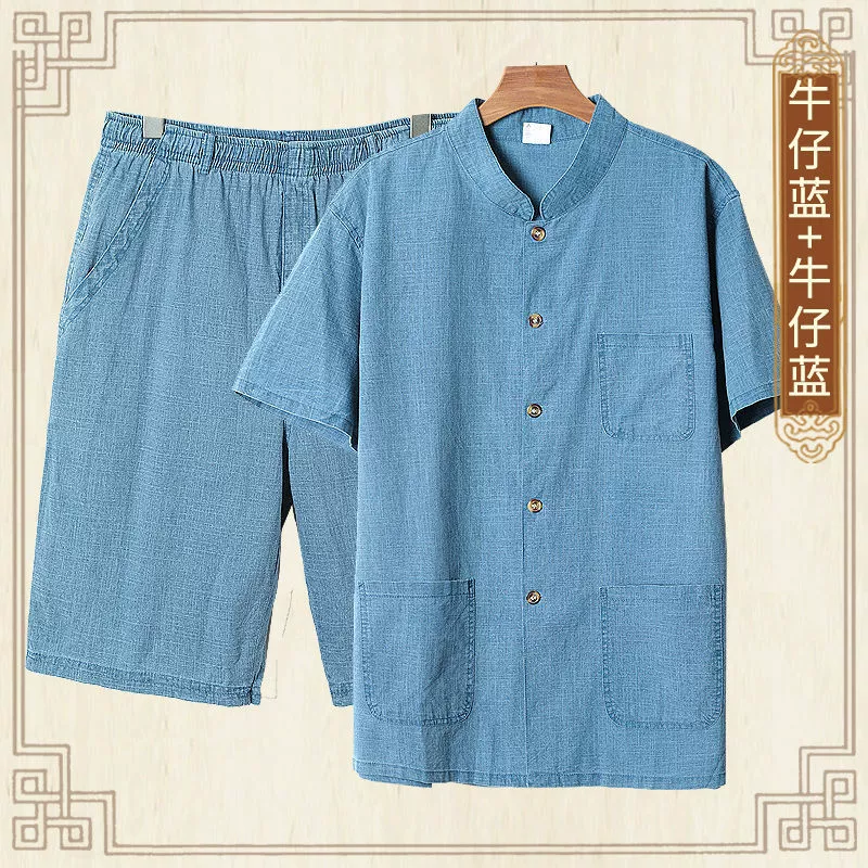 Летняя одежда, футболка с коротким рукавом, летний набор для пожилых, для мужчины средних лет, хлопок с льном