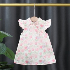 Chinese-style children's dress for girls, summer baby girls' dresses with cartoon rabbit ears tulip vest dresses