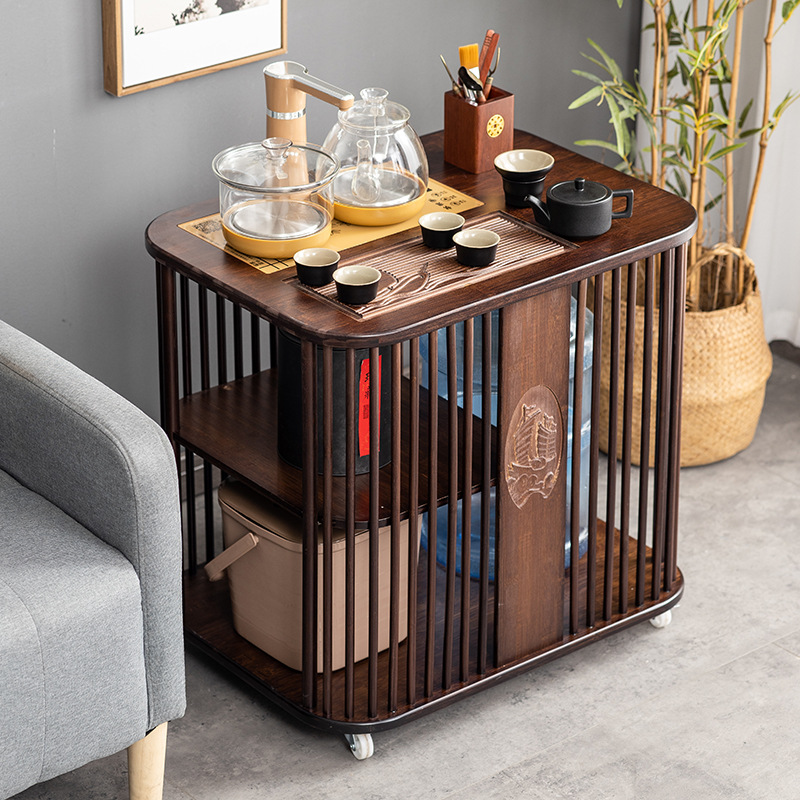 Mobile tea cabinet tea table side cabinet shelf living room solid wood office water bucket integrated tea cabinet