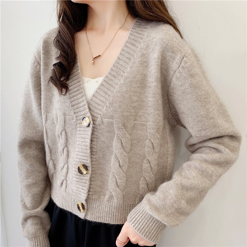 Short High-Waist Slim Pure Color Sweater for Women 2025 Spring & Fall New Korean Style Slim Knitted Cardigan Twist Small Outwear