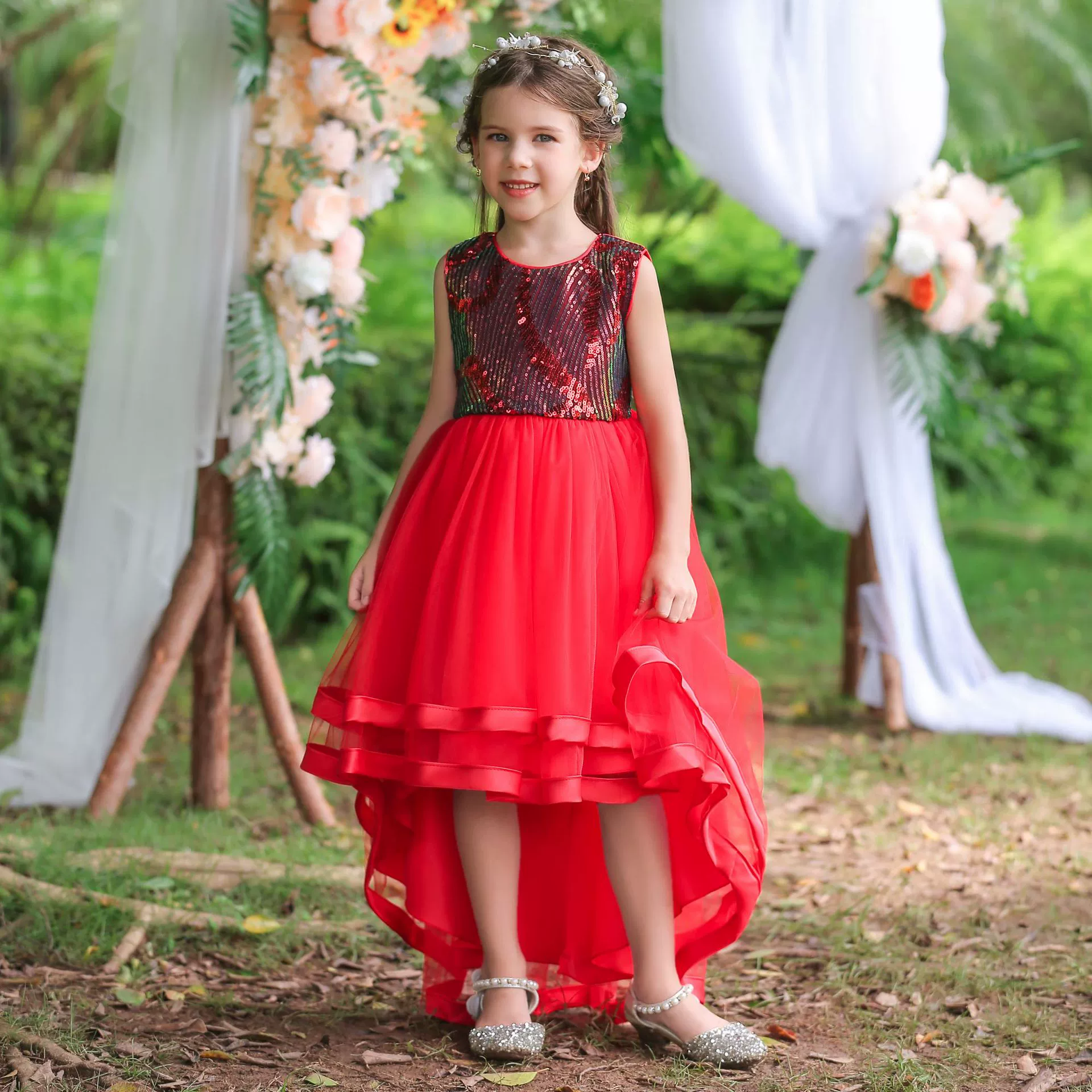 Nail sequins, evening dress, girl's skirt, suit, small princess costume sleevless, tutu skirt, tulle