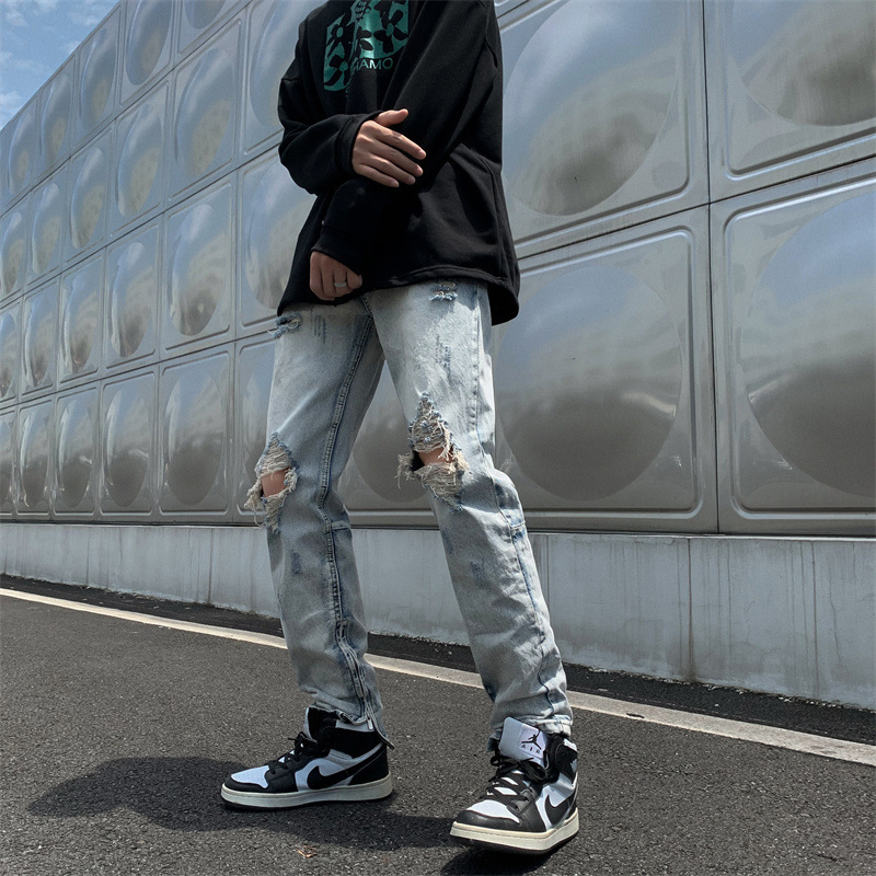 Jeans men's 2021 New Hong Kong style high street ripped loose straight fashion brand trendy men's long pants ins