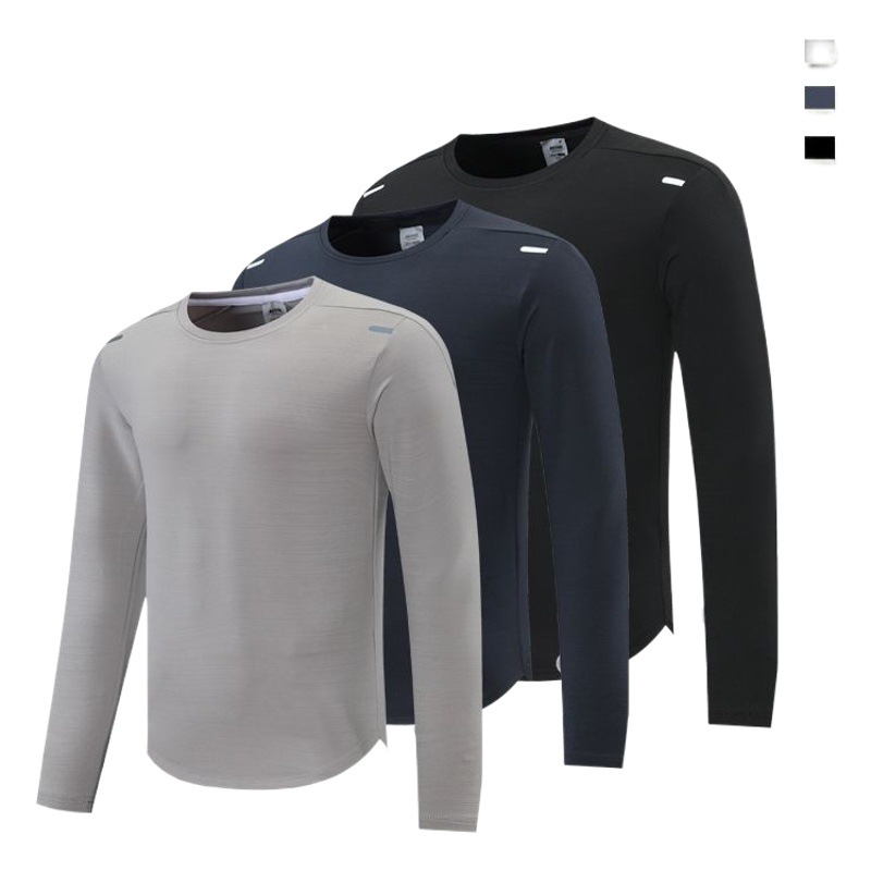 Camiseta deportiva de color sólido de secado rápido hombre nuevo cuello redondo canasta elástica de fútbol ropa de entrenamiento de acondicionamiento físico tira reflectante manga larga