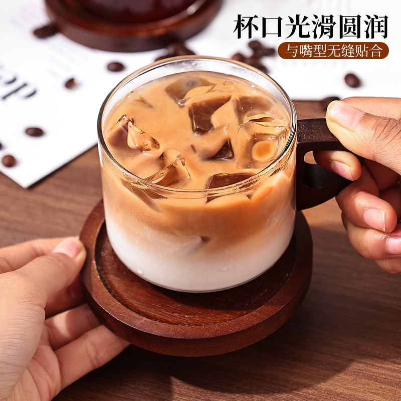 Taza de vidrio de alta temperatura de alto silicio de silicio, taza de alta calidad, taza de agua de alto valor, taza de café de madera de latte americana
