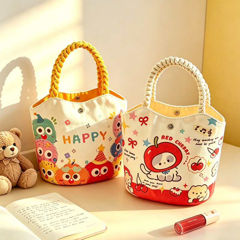 New Canvas Bag Dopamine Ins Style Handbag High-Value Cartoon Tote Bag Cute Bucket Bag for Mom Commuting