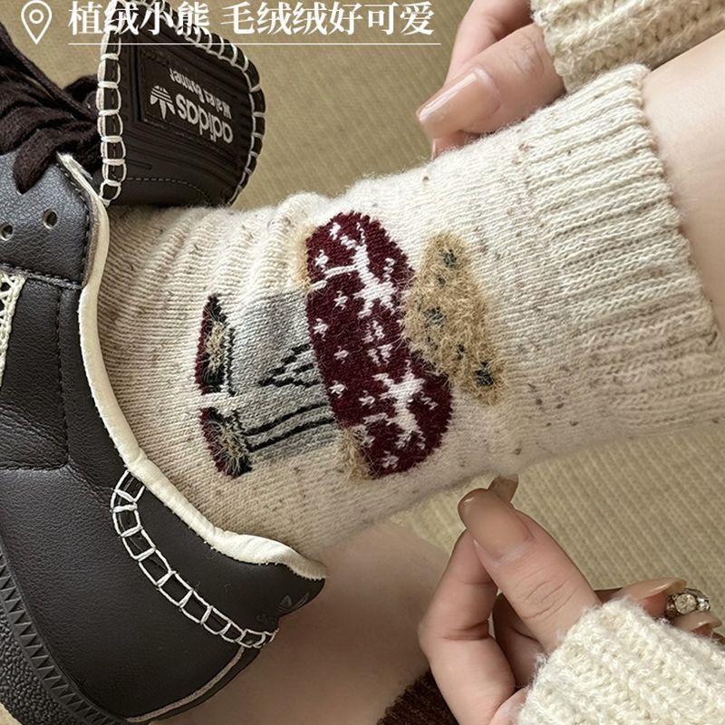 襪子女點子紗卡通可愛小熊中筒襪秋冬季加厚保暖羊毛堆堆襪新款襪