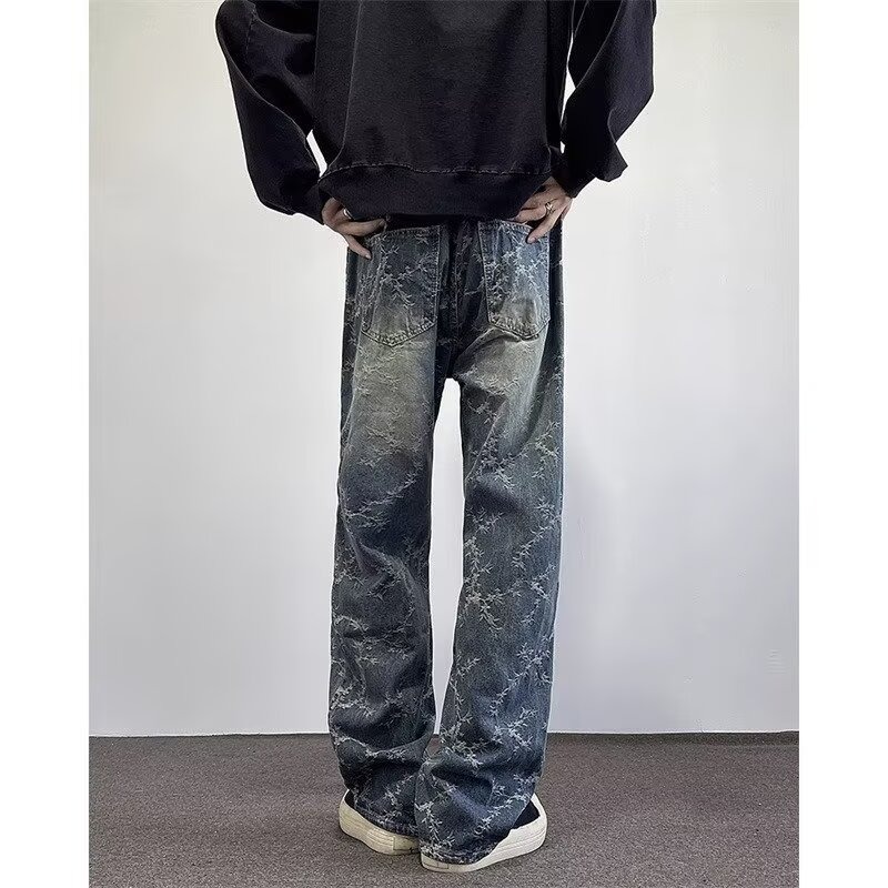 Pantalones Mezclilla Retro para Hombre de Mezclilla, Efecto Lavado y Corte Recto para Uso Diario