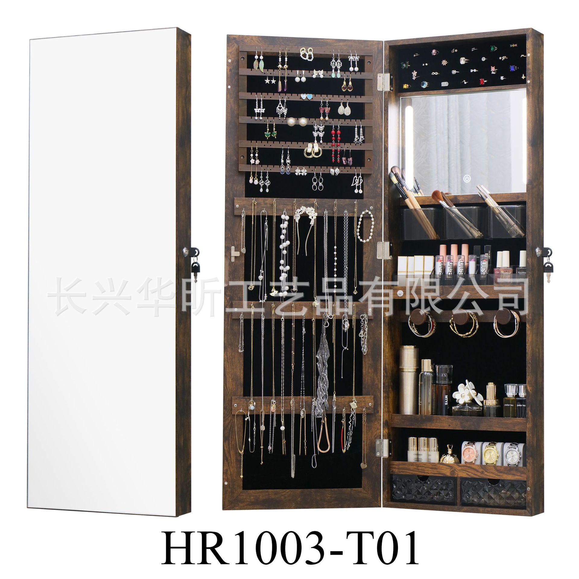 Espejo de gabinete de joyería montado en la pared espejo de cuerpo completo con tira de luz LED Interruptor táctil Almacenamiento de joyas multifunción