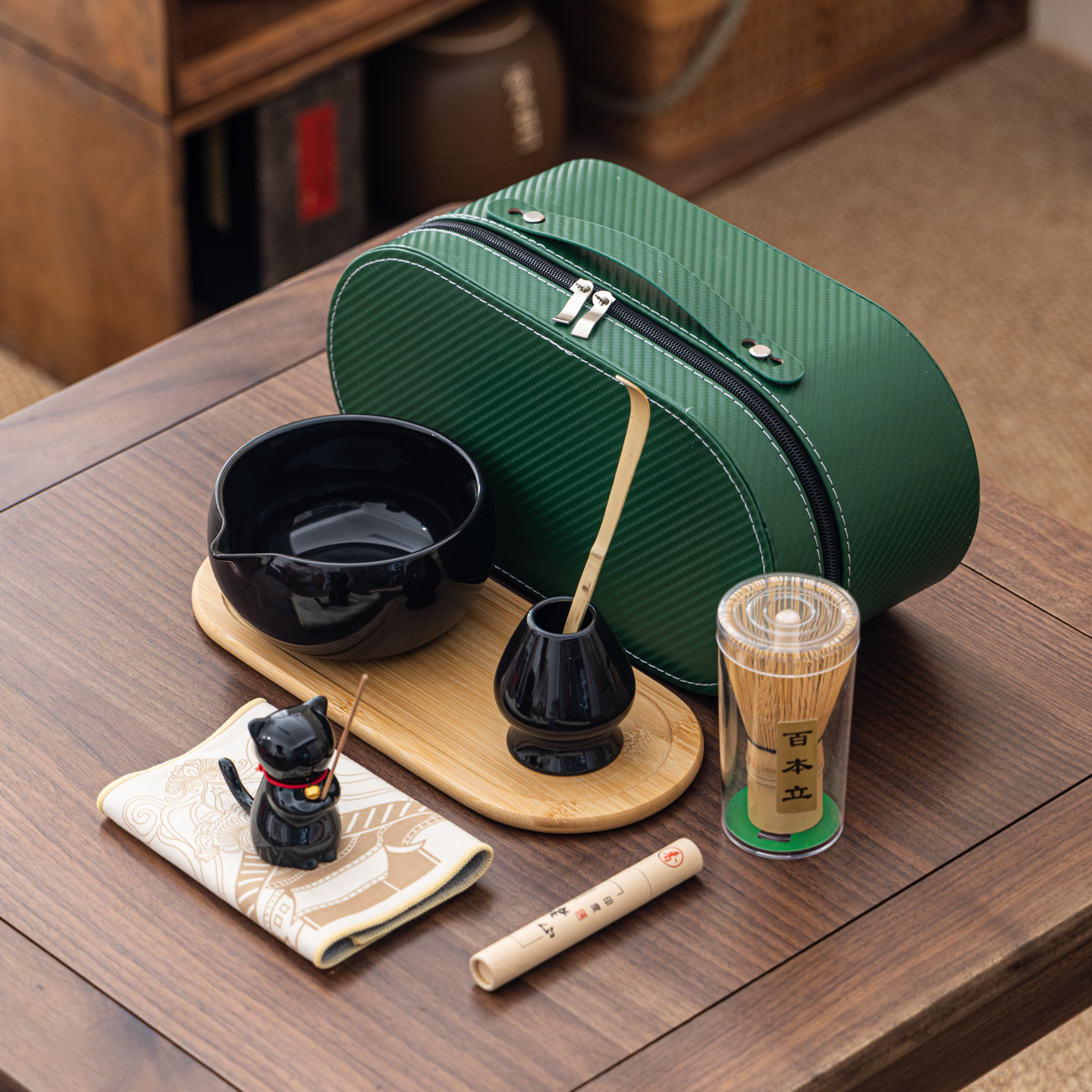 Cuenco de matcha corrugado caja de cuero set adorable gatito Xiangdao ocho piezas set punto té 100 tazas de té