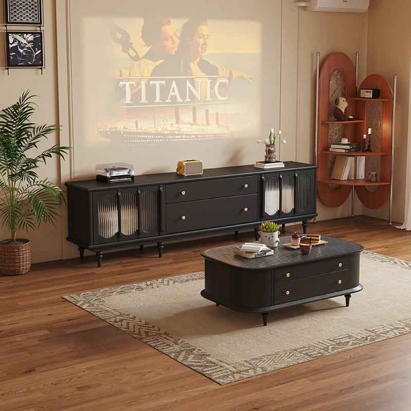 Solid Wood TV Cabinet Coffee Table Combination Small Apartment Living Room New Black Retro American Antique French TV Cabinet