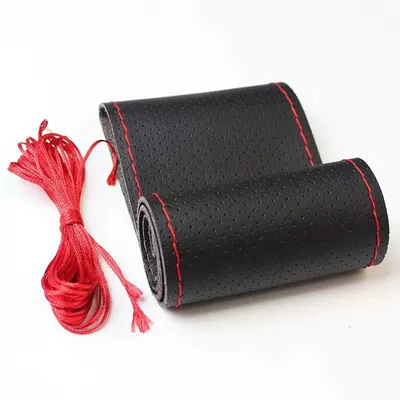 Car Steering Wheel Cover, Genuine Leather, Hand-Stitched, Suitable for Men and Women, All-Season Use, Volkswagen Cowhide, Handmade Leather Cover, Non-Slip Stitched Handle Cover (Steering wheel cover) - full-two-layer-cowhide-black-red-line-perforated-38cm