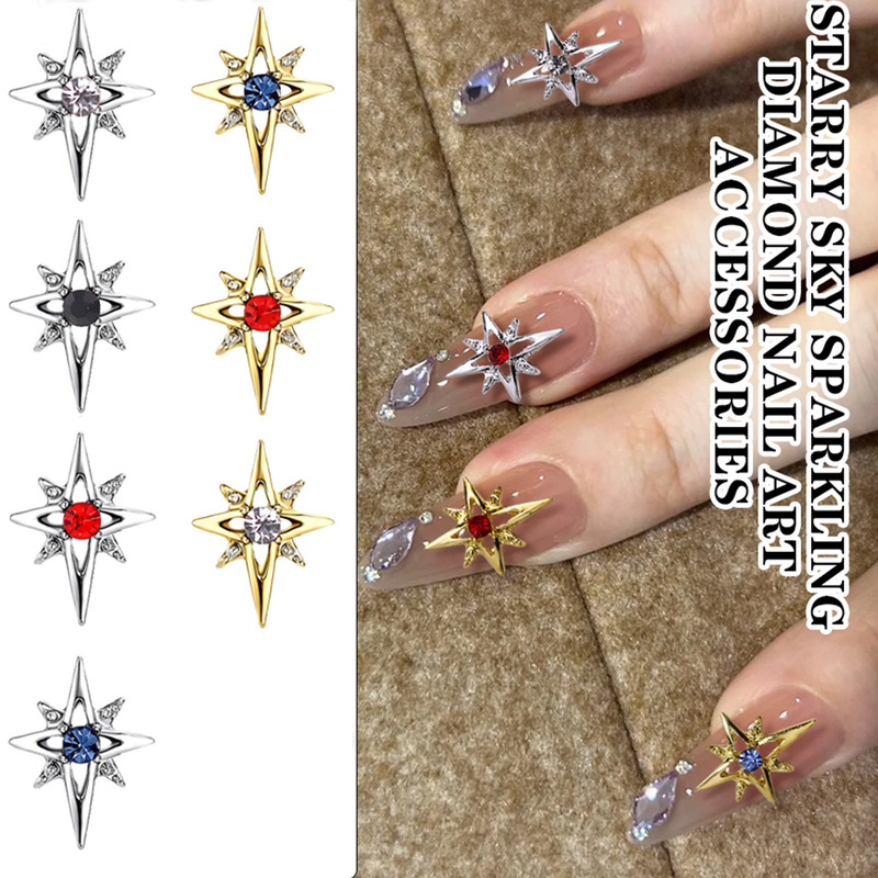 Cross-Border Hot-Selling High-End Ultra-Shiny Four-Pointed Star Alloy Nail Art Decorations, Instagram Influencer Style DIY Cross Nail Decorations