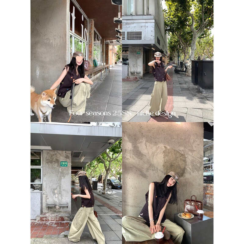 欧阳小狗刺绣西装马甲女秋季设计感小众复古无袖黑色马夹上衣|undefined