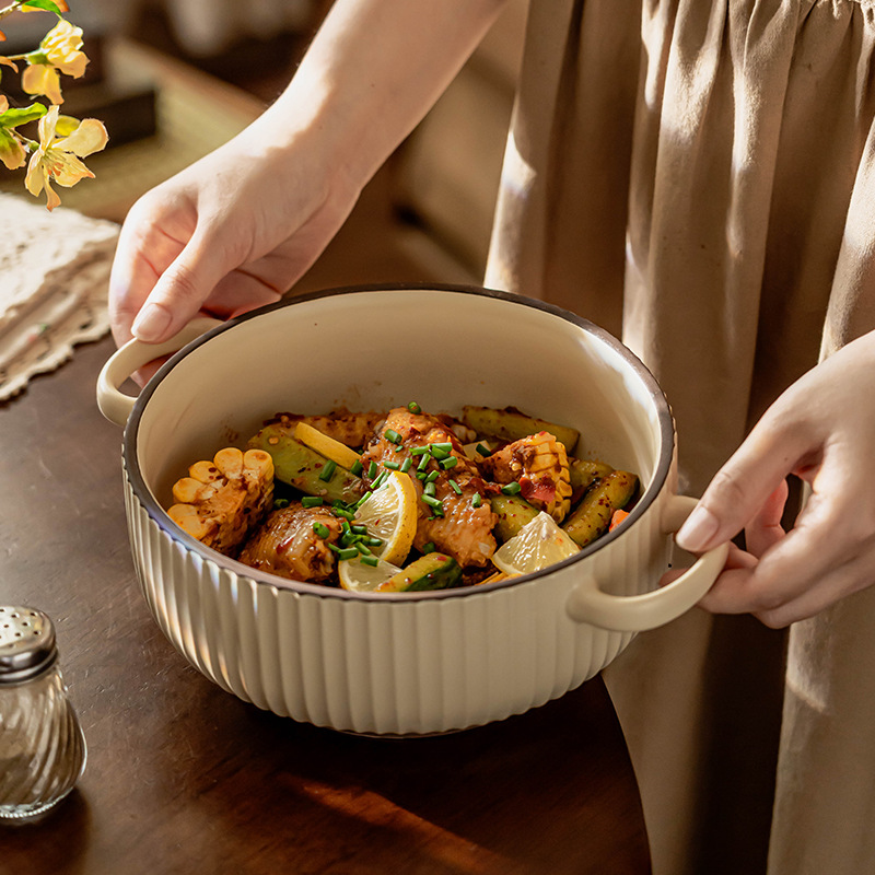 Simple anti-escaldadura tazón de doble oído vajilla de cerámica tazón de sopa tazón de polvo para el hogar tazón de arroz al horno tazón de fideos instantáneos al por mayor tazón profundo Jingdezhen