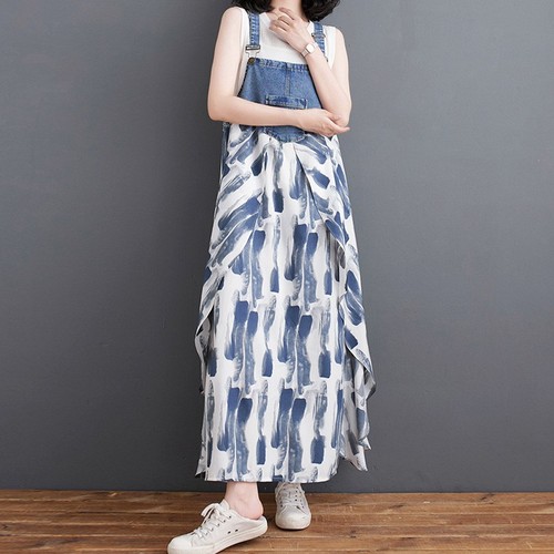 27-color Cross-border Japanese Lotte foreign trade loose denim patchwork floral print overalls dress