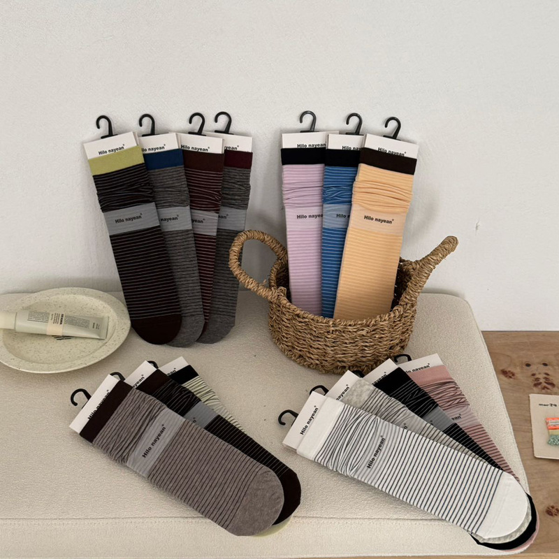 Nanye Retro Striped Socks for Women, 2026 New Spring and Summer Thin Casual Breathable Seamless Slouch Socks, Mid-Tube Cotton Socks