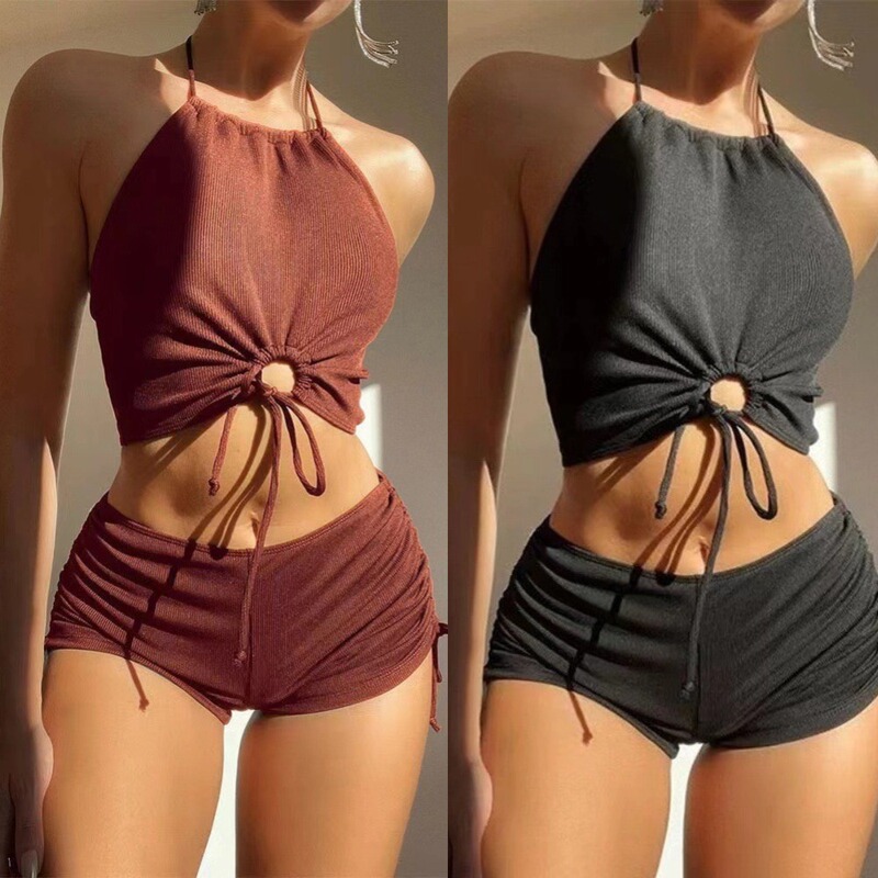 Split Swimsuit Women's High-end Backless Boxer Swim Trunks Hanging Neck Tether Backless Huludao Swimsuit Swimsuit