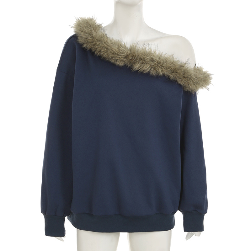 Street Furry Stitching Personality Diagonal Collar Loose Sweatshirt Sexy Sexy off Shoulder Casual Long Sleeves