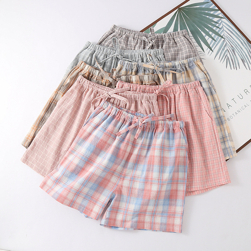 Couple's Pajama Pants Unprinted Plaid Washed Cotton Cotton Summer Thin Loose Shorts Men's plus size Outer Wear Home Pants