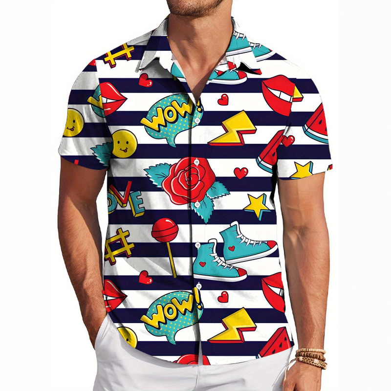 Summer Men's American Pop Short-Sleeved Shirt with Striped Cartoon Rose Lips and Canvas Shoe Print on the Collar