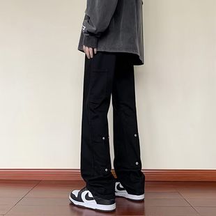 New American High Street Black Button-Fly Jeans for Men, Vibe Style, Trendy Brand, Loose Fit, Slightly Flared Straight-Leg, Ins Style