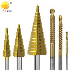 High-speed steel 4241 titanium-plated step drill set triangular handle drill bit 6pcs pagoda drill woodworking groove saw drill set