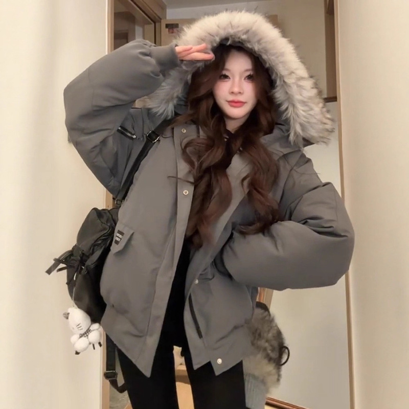 Warm Winter Parka Cotton Jacket for Women, Winter 2025 New Style, Large Fur Collar, Thickened Korean Style Workwear Cotton Coat, Student Jacket