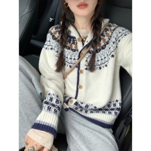 KANING retro Fair Isle jacquard knitted cardigan for women 2025 autumn and winter new style milk fufu soft waxy sweater jacket