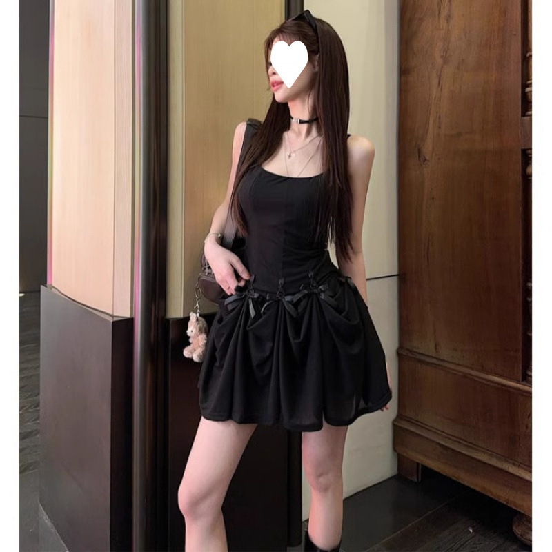 French Blue Suspender Dress for Women Summer Bow Gentle Style Mid-Length Skirt Slim Waist Slimming Short Skirt